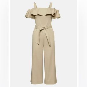 Banana Republic Off the Shoulder Twill Wide Leg Jumpsuit Ruffle Tan Size 4